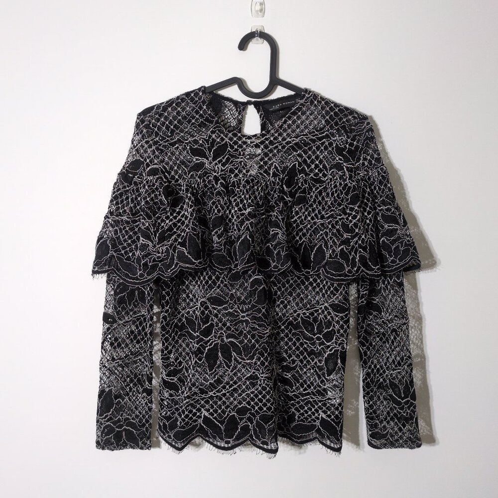 Zara Womens XS Black Lace Blouse Floral Shoulder Overlay Frilly